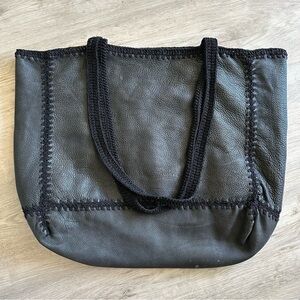 Vintage Y2K Donna Karan Butter Soft Leather Tote Bag Black Crochet Seams Handles